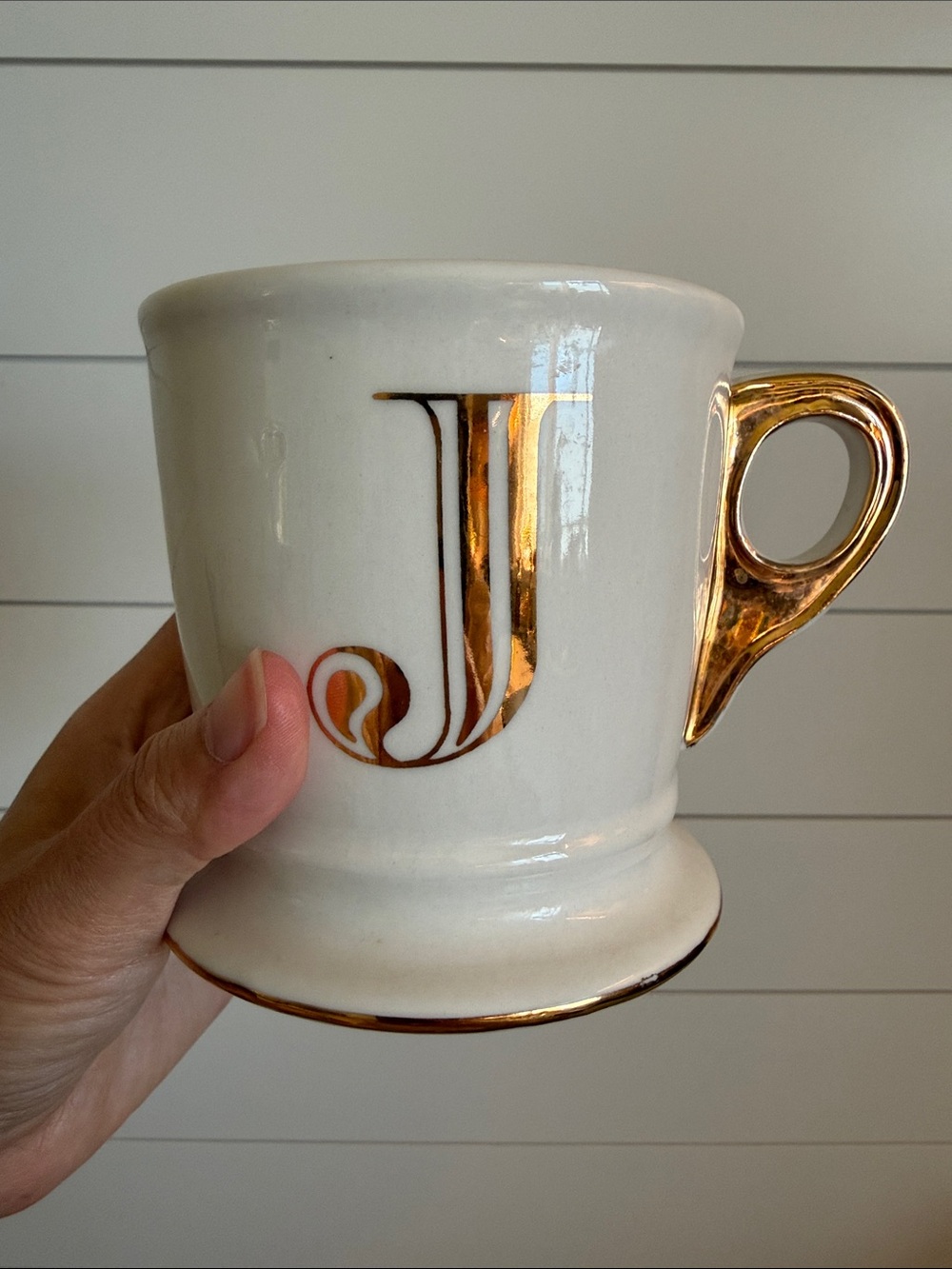 ANTHROPOLOGIE J gold Letter mug coffee cup